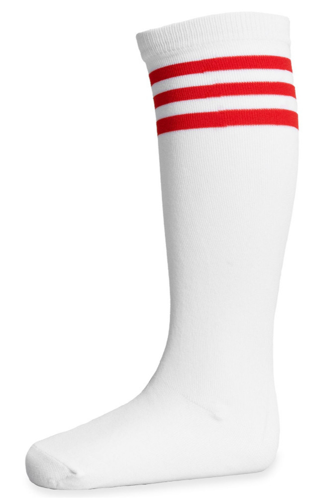 Childs White Long Sport Socks with Red Stripes