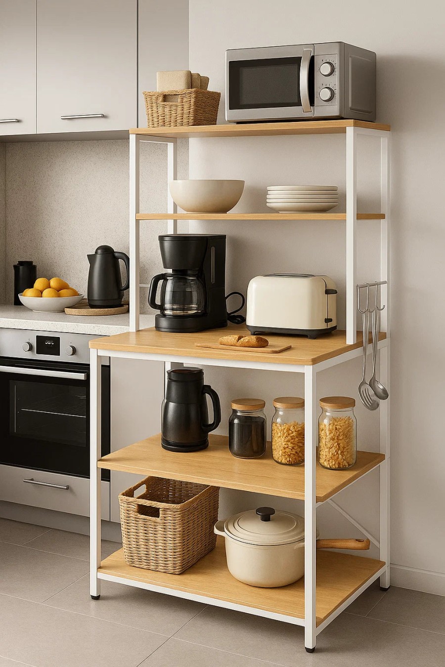 Click to view product details and reviews for White Kitchen Storage Rack With 6 Shelves 6 Hooks Adjustable Middle Shelf.