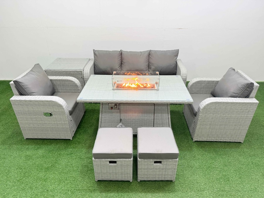 Click to view product details and reviews for Fimous Pe Rattan Garden Furniture Set Reclining Chair Sofa Lounge Sofa Set Firepit Dining Table Side Table 2 Small Stools Light Grey.