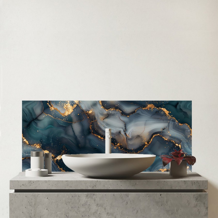 Click to view product details and reviews for Blues And Gold Marble Effect Glass Bathroom Splashback.