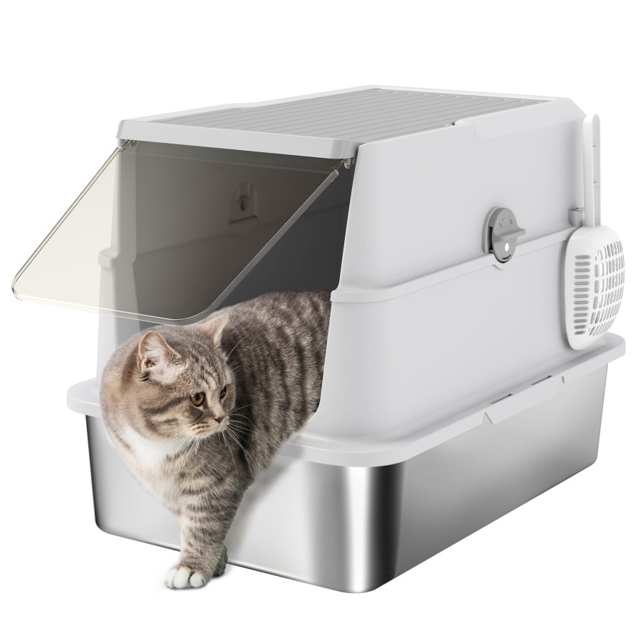 Pawhut Stainless Steel Cat Litter Tray Extra Large Enclosed Litter Box For Large Cats With Scoop Flip Top Easy Cleaning Light Grey