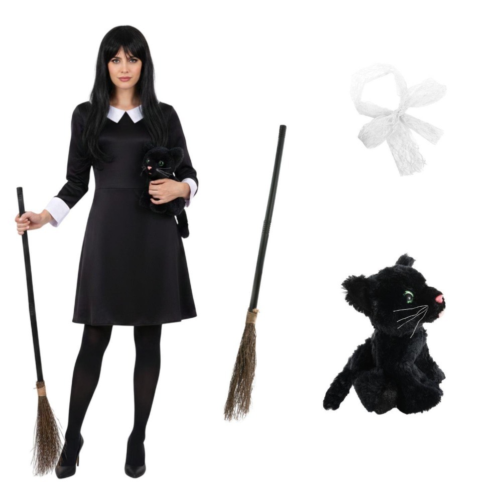 Click to view product details and reviews for Ladies Hooky Witch Costume 4 Pcs Collared Dress Broom Cat Toy Hair Bow Large.