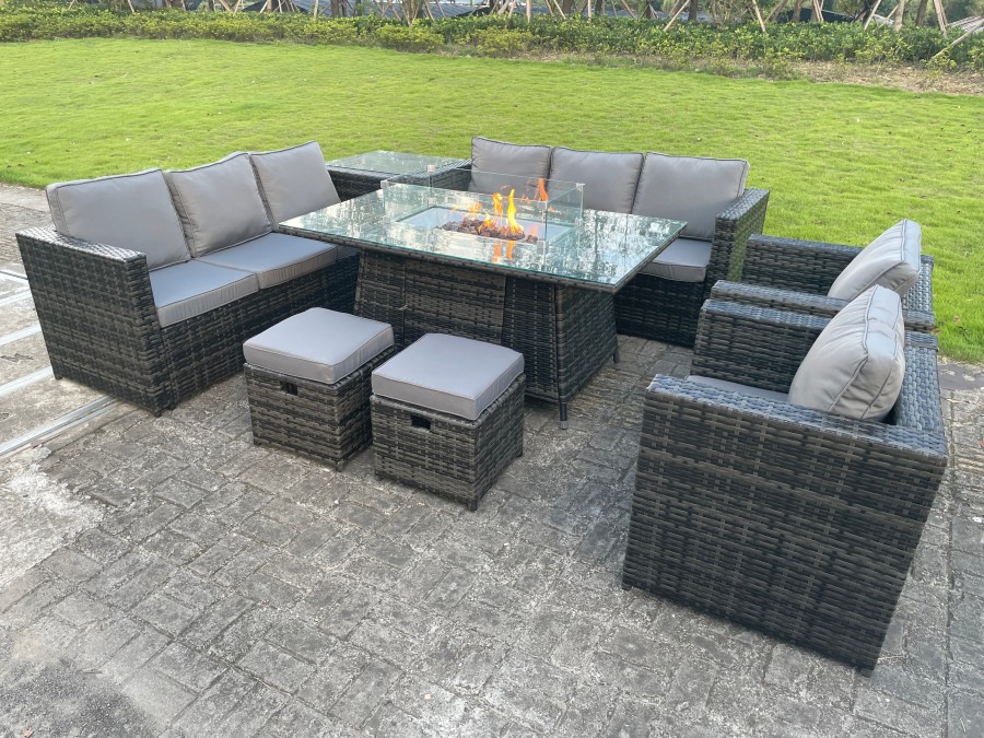 Click to view product details and reviews for Outdoor Rattan Garden Furniture Gas Fire Pit Table Sets Gas Heater Lounge Chairs Small Footstools Dark Grey 10 Seater.