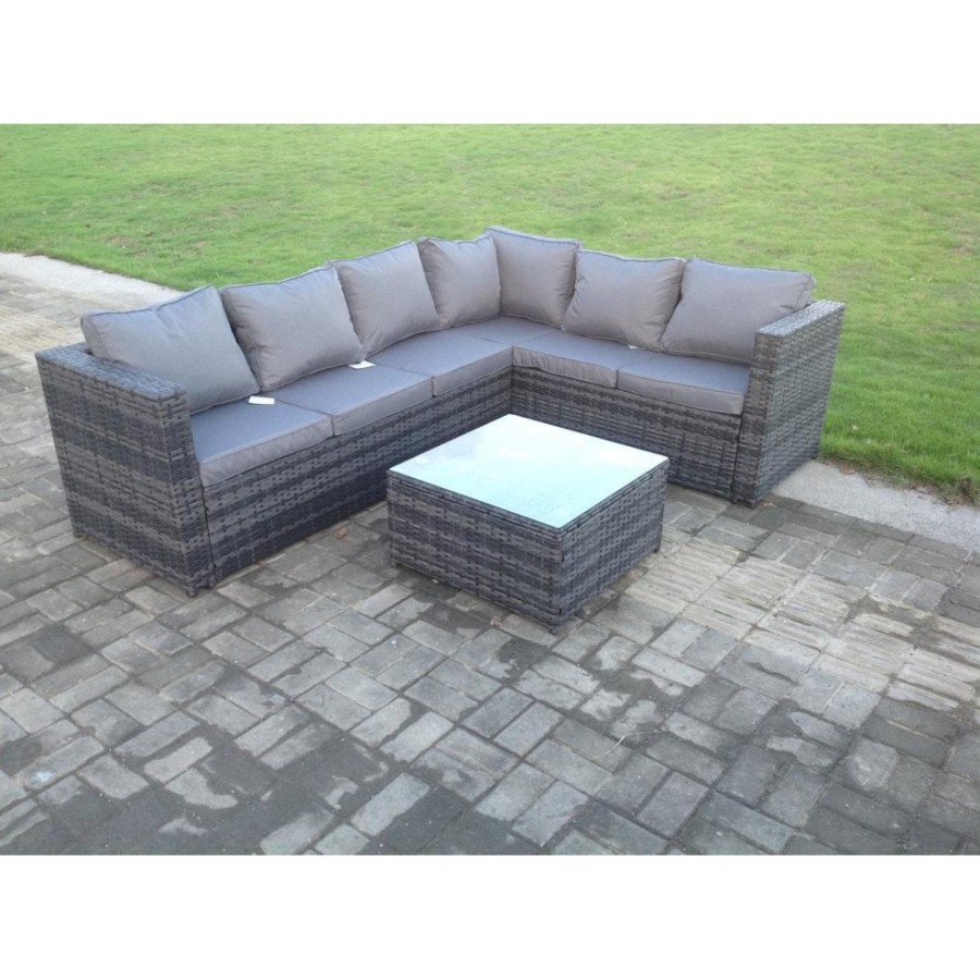 Click to view product details and reviews for Fimous Rattan Corner Sofa Set Square Coffee Table Outdoor Garden Furniture In Dark Grey Mix 6 Seater With Seat And Back Cushion Left Corner.