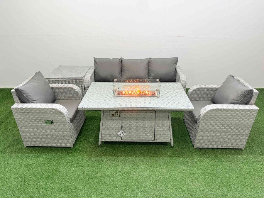 Click to view product details and reviews for Fimous Pe Rattan Garden Furniture Set Reclining Chair Sofa Lounge Sofa Set Firepit Dining Table Side Table Light Grey.
