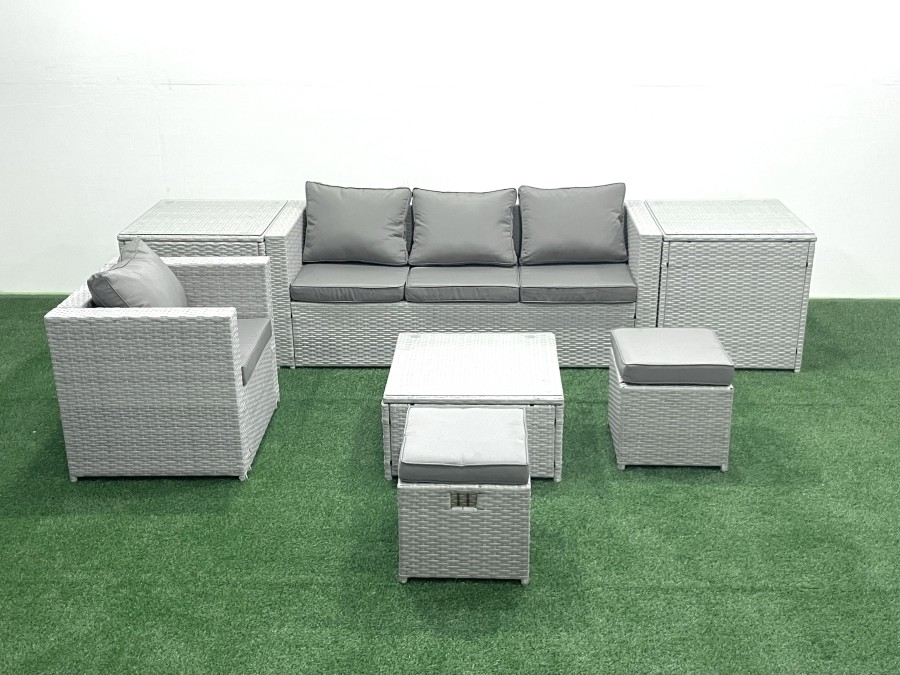 Click to view product details and reviews for Fimous Garden Outdoor Furniture Set 6 Seater Rattan Sofa Set With Big Footstool Armchair 2 Side Tables Light Grey Mixed.