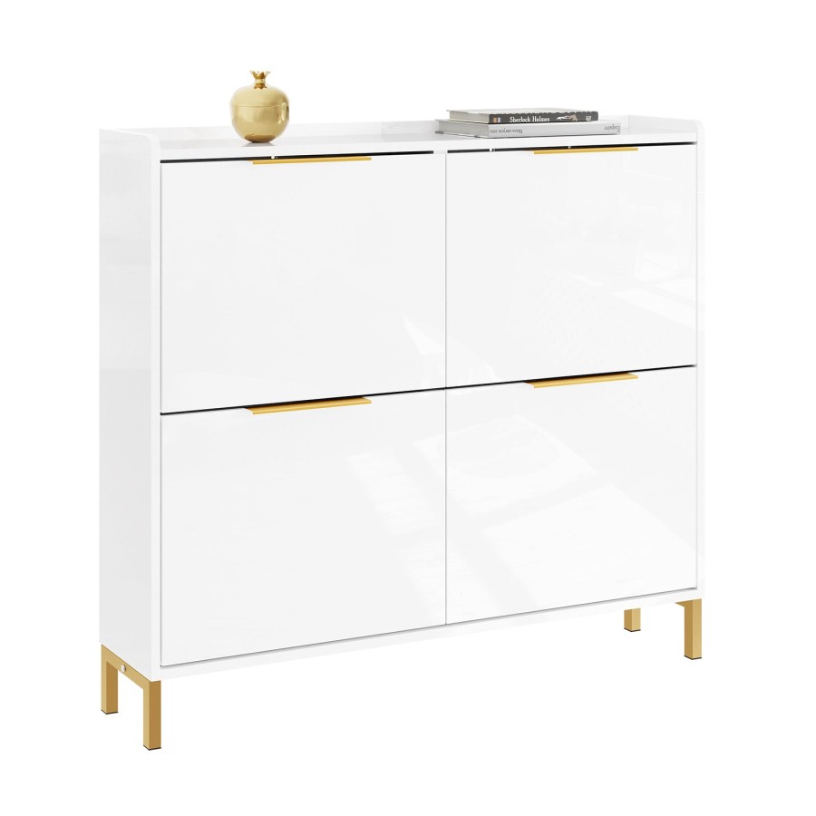 SoBuy FSR206-GW, Narrow Shoe Cabinet - 19cm Slim Hallway Shoe Storage Cabinet with High Gloss White Finish, Gold Handles, Anti-Slip Pads, E1 Board, Easy Assembly - 100x19x90cm