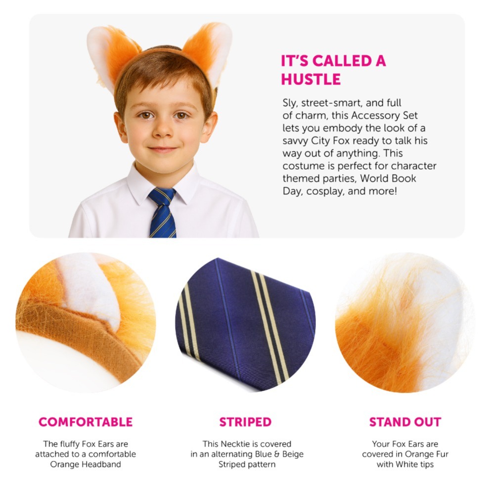 Nick Fox Costume | 3 Pcs | Ears, Tie & Thin Tail