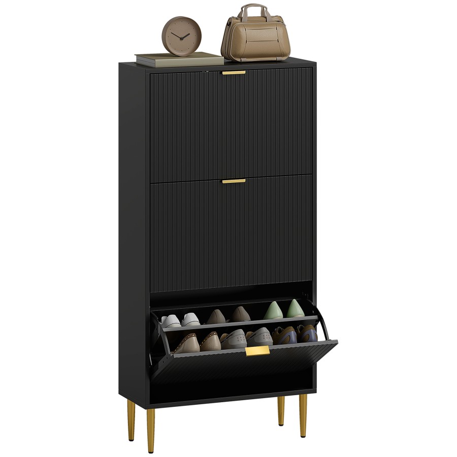 Click to view product details and reviews for Homcom Narrow Shoe Cabinet With 3 Flip Drawers Modern Slim Shoe Storage Cabinet With Fluted Doors And Adjustable Shelves For Hallway Holds 18 Pairs.