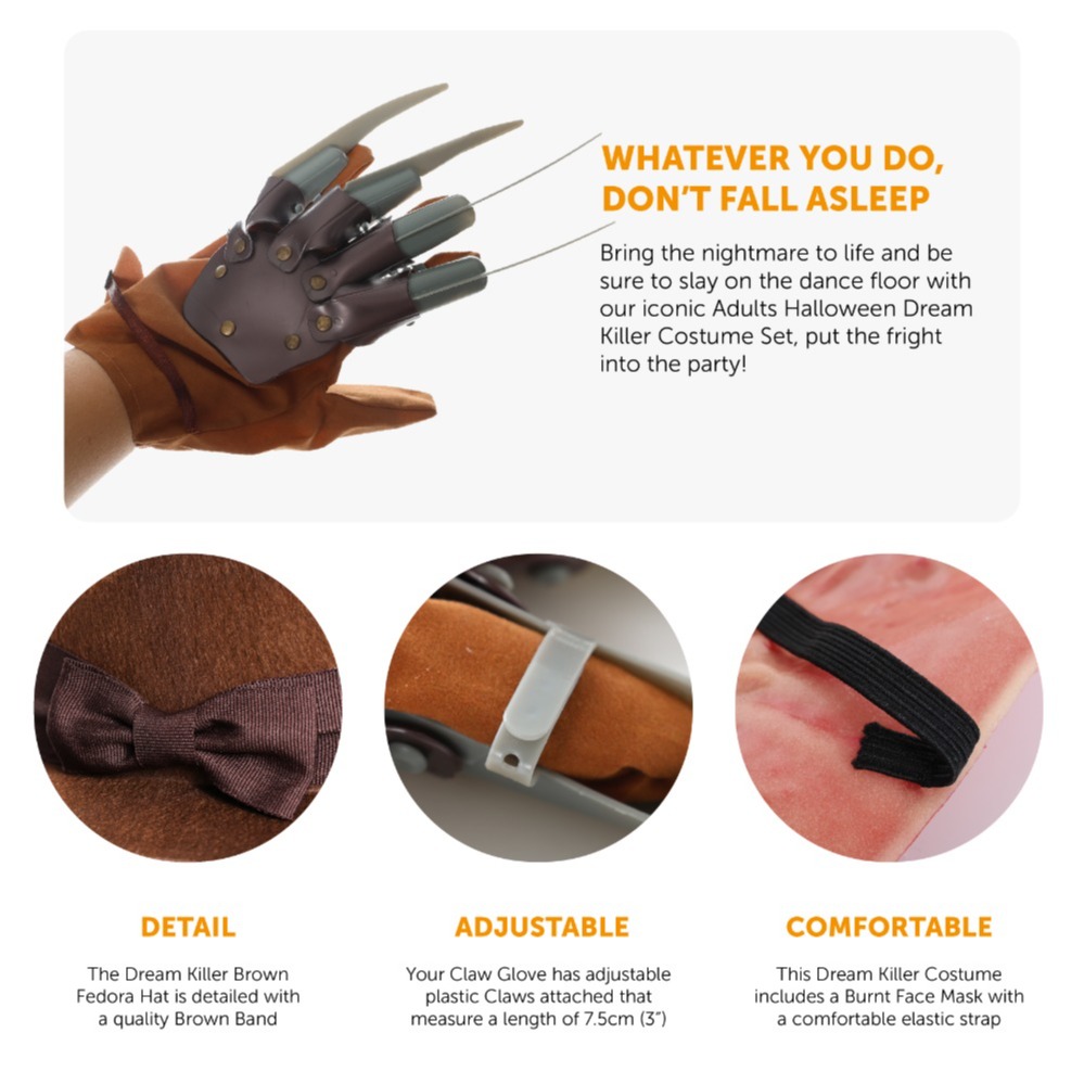 Freddy Krueger Accessory Set - Brown Hat, Claw & Mask