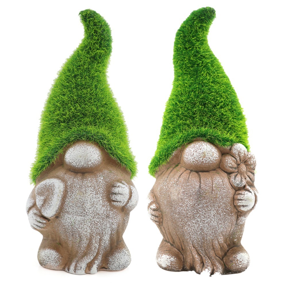 Pack of 2 Flower & Spade - 18cm (7 Inch) - Flock Grass Garden Gonk Gnome Ceramic Outdoor Ornament Statue Decoration