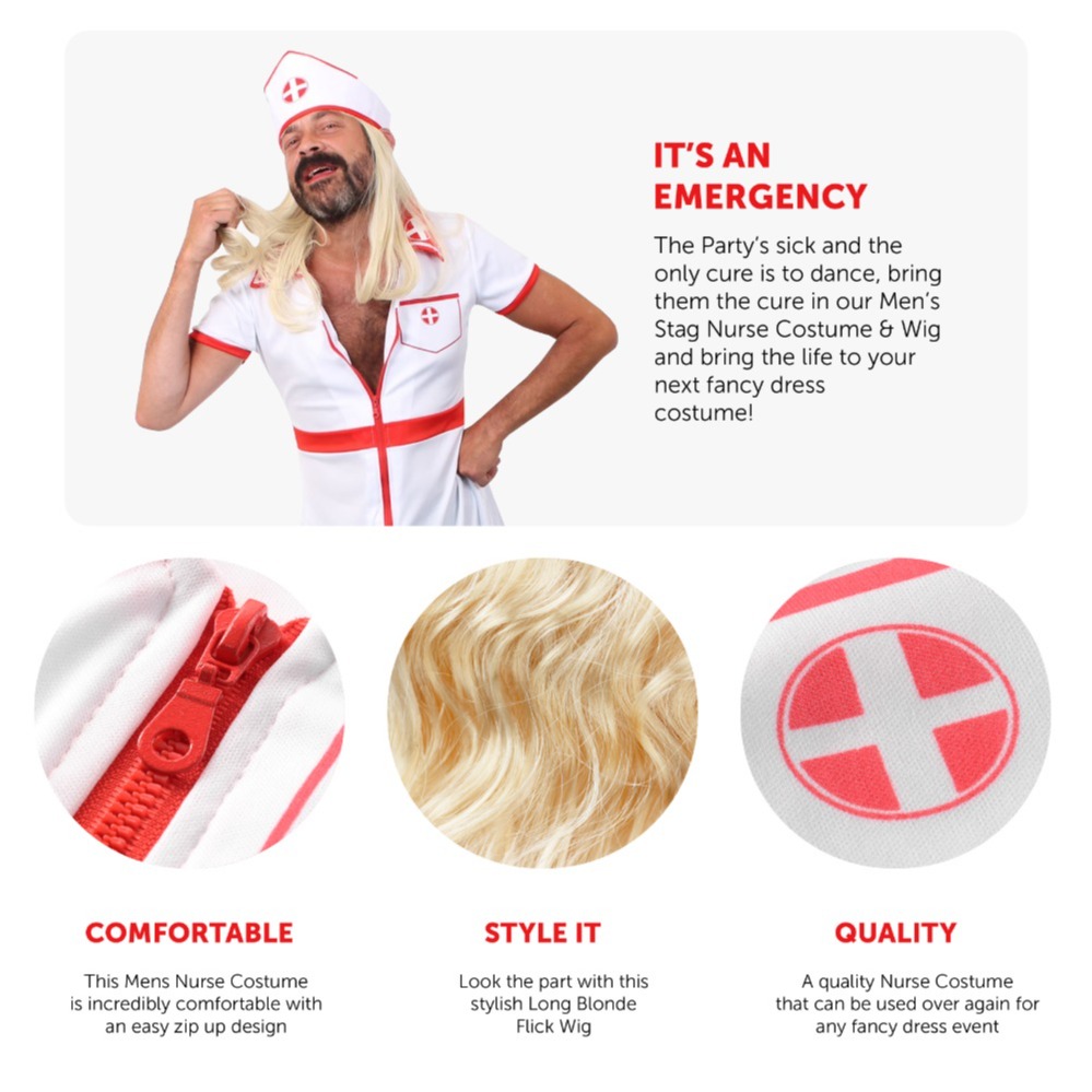 Mens Nurse Stag Do Costume with Blonde Flick Wig