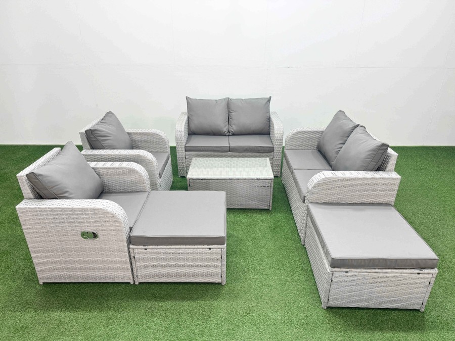 Click to view product details and reviews for Fimous 8 Seater Outdoor Reclining Chair Love Sofa Set Rattan Garden Furniture Set With Rectangular Coffee Table 2 Big Footstools Light Grey.