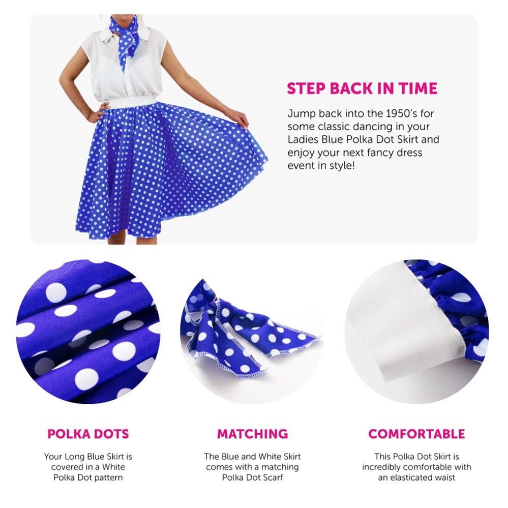 Ladies Long Polka Dot Skirt - Blue with White Spots