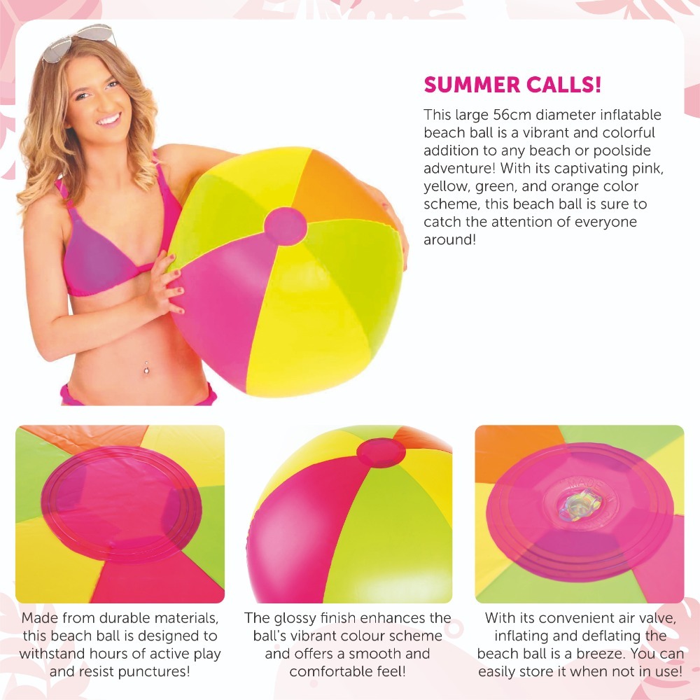 2-Pack Giant Inflatable Beach Balls – 22''/56cm Multi-Coloured Summer Toy in Yellow, Pink, Green & Orange