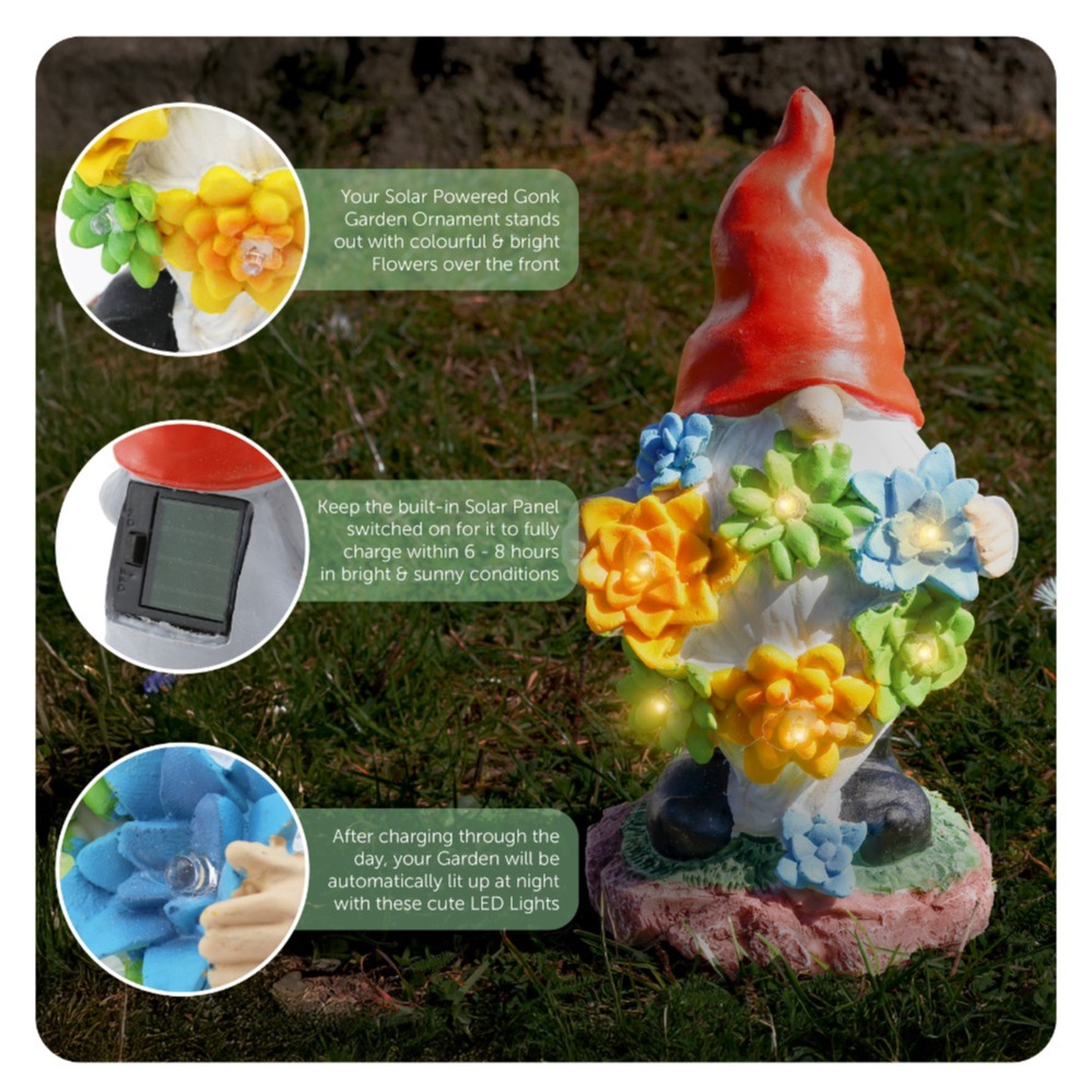 Solar Gonk Garden Statue with Succulents & LED Lights (22cm)