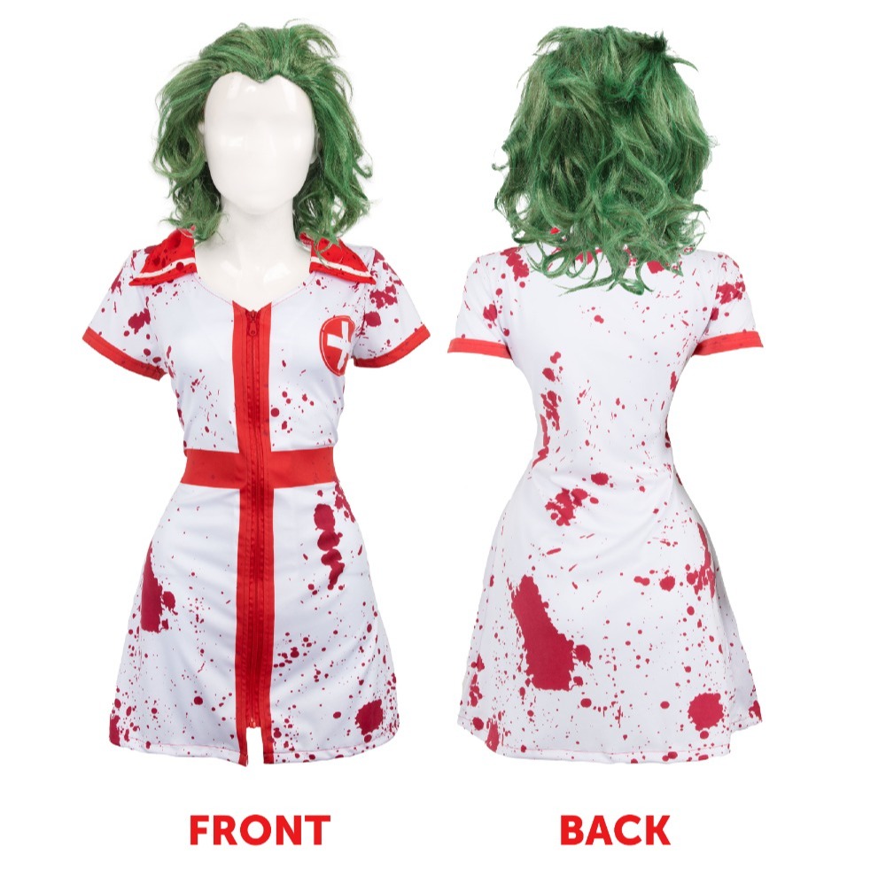 Adults Laughing Man Nurse Costume - Bloody Dress, Wig & Face Paint