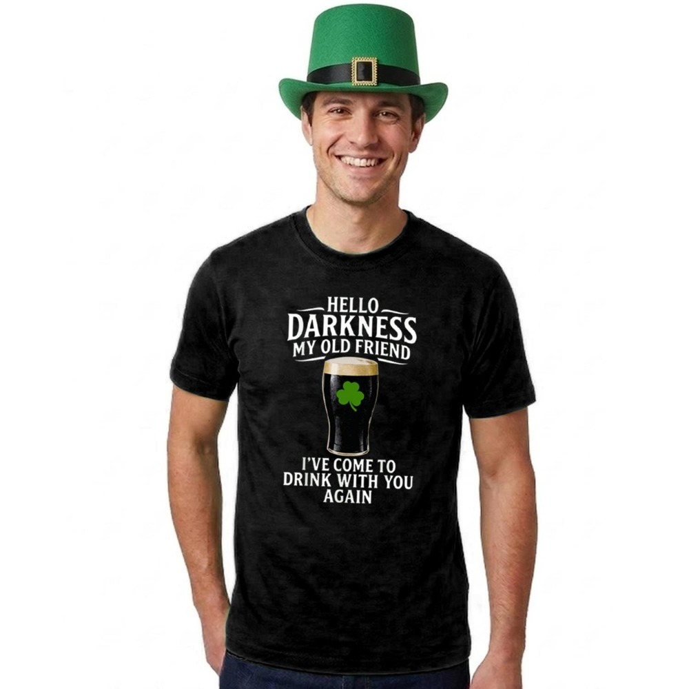 Click to view product details and reviews for Adults Funny St Patricks Day Costume Top Hat T Shirt &ldquo;hello Darkness My Old Friend Ive Come To Drink With You Again&rdquo; Black Tee With White P.