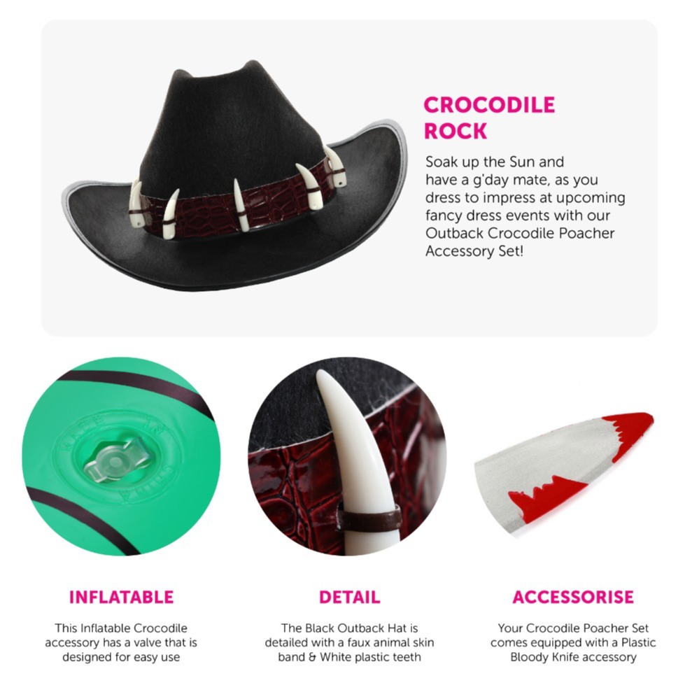 Crocodile Dundee Accessories | 3 Pcs | Hat, Knife Prop & Inflatable Crocodile