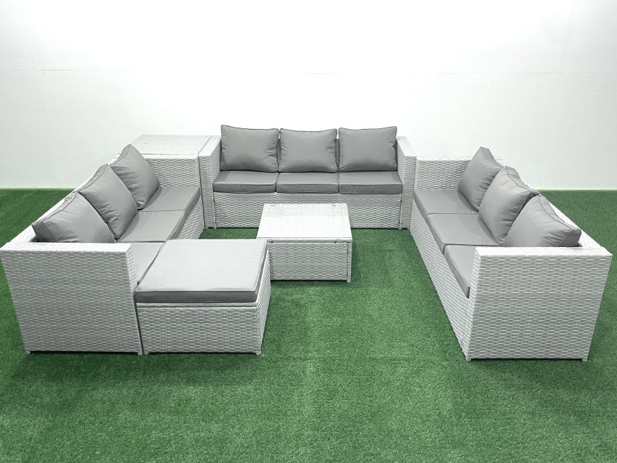 Click to view product details and reviews for Fimous Rattan Garden Outdoor Furniture Set 10 Seater Rattan Garden Sofa Set With Big Footstool Side Table Light Grey Mixed.