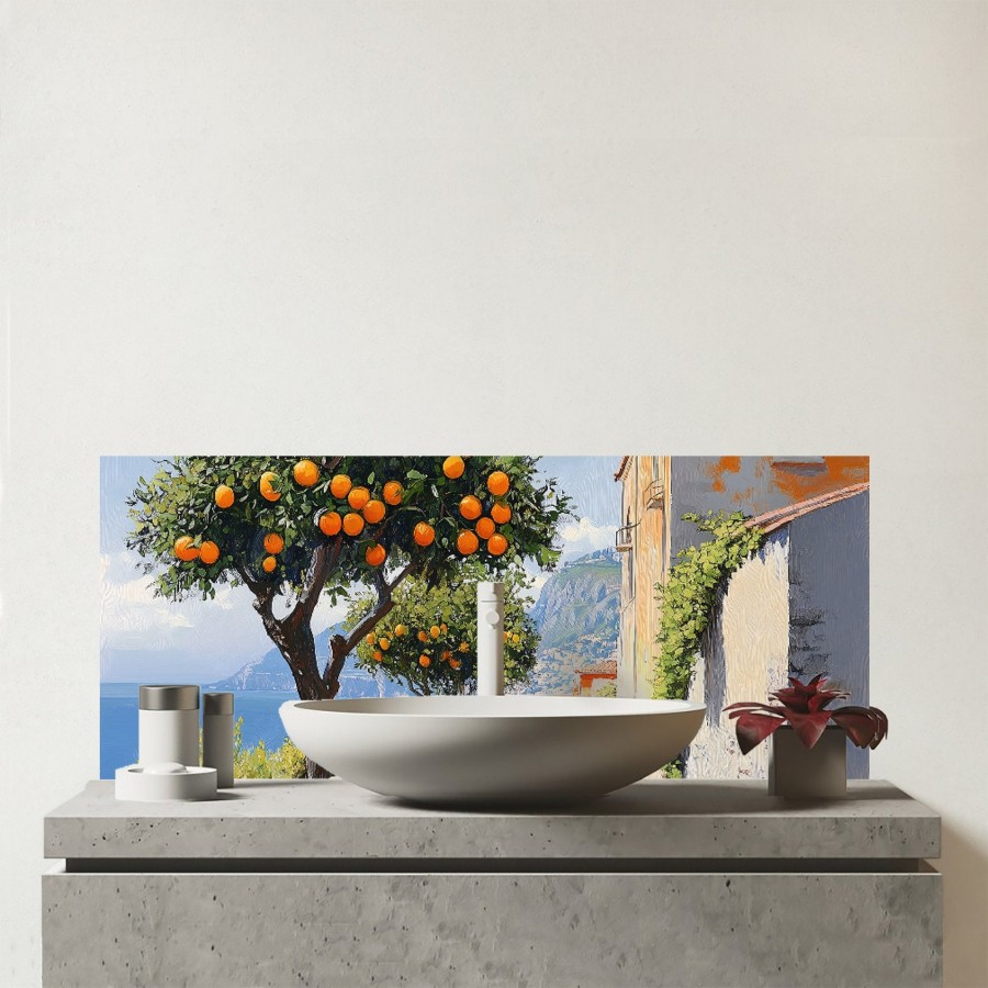 Click to view product details and reviews for Oranges Growing In Sorrento Glass Bathroom Splashback.