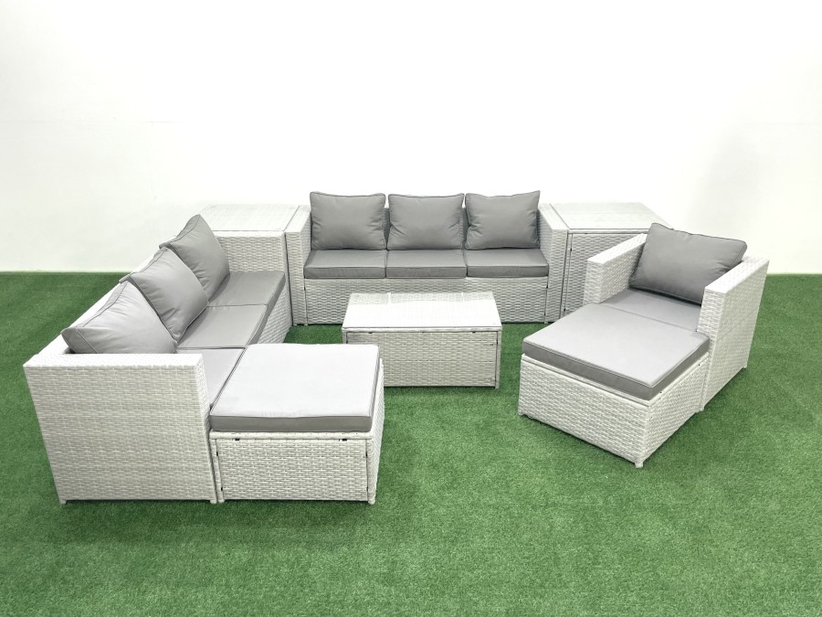 Click to view product details and reviews for Fimous Wicker Pe Rattan Sofa Garden Furniture Set With Armchair Oblong Coffee Table 2 Big Footstools 2 Side Tables Light Grey Mixed.