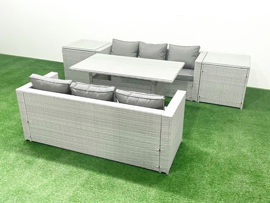 Click to view product details and reviews for Fimous Rattan Garden Furniture Set 6 Seater Outdoor Sofa Set With Dining Table 2 Side Tables Light Grey Mixed.