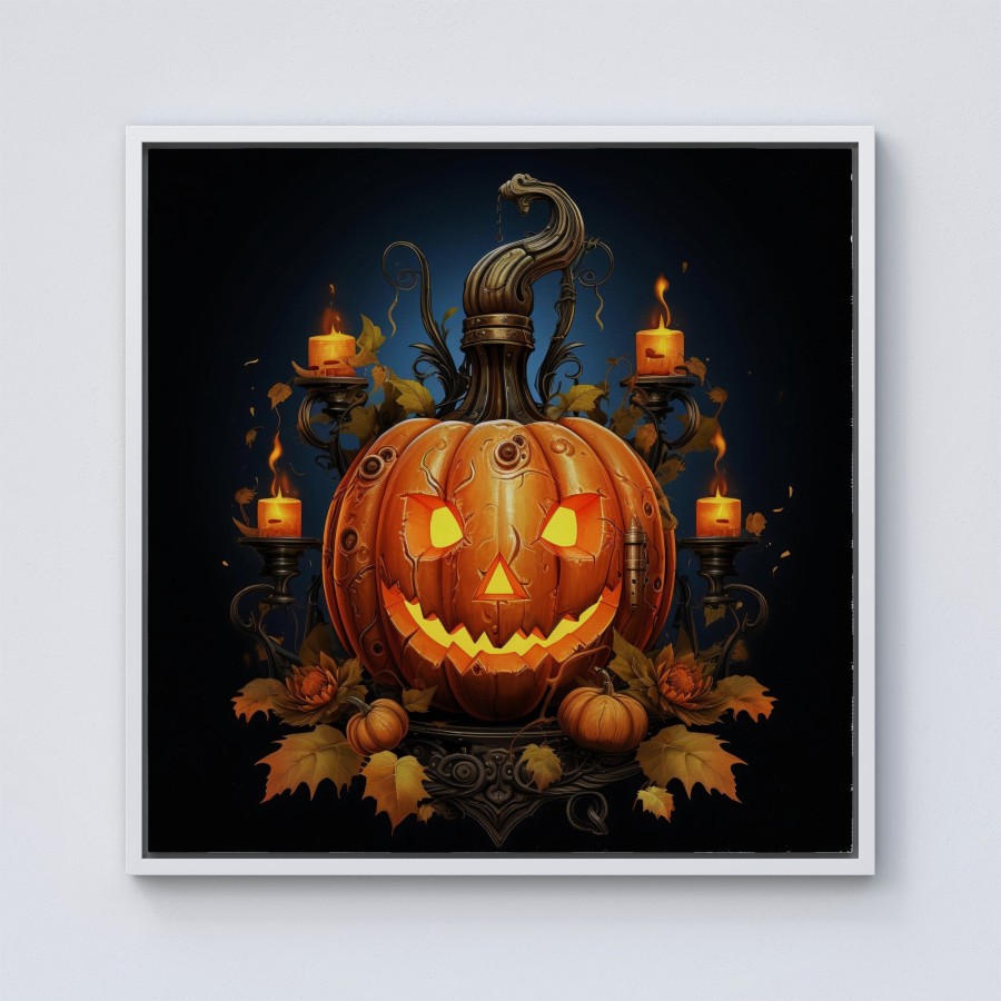 Click to view product details and reviews for Spooky Pumpkin With Leaves And Small Candles Framed Canvas 10 X 10 White.