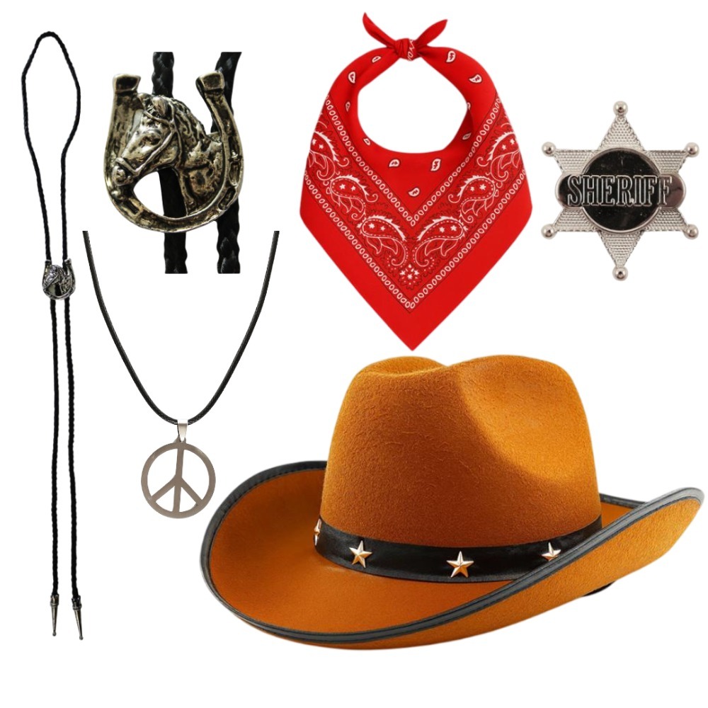 Click to view product details and reviews for Adults Cowboy Set 5 Pcs Brown Hat Bootlace Tie Necklace Bandana Sheriff Badge.