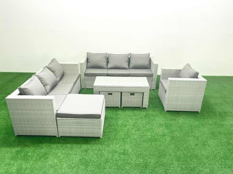 Click to view product details and reviews for Fimous Wicker Pe Rattan Sofa Garden Furniture Set With Oblong Coffee Table Armchair 3 Footstools Light Grey Mixed.
