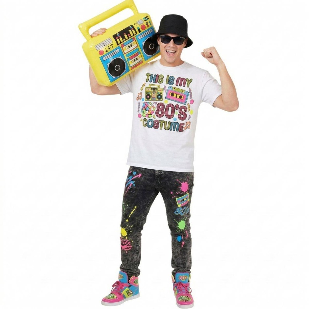 Click to view product details and reviews for Adults 80&rsquo;s Costume 4 Pcs White T Shirt Glasses Inflatable Boombox Black Bucket Hat Large.