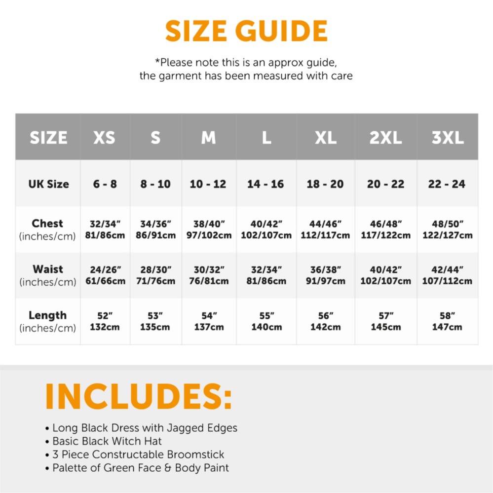 Ladies Witch Costume - Dress Hat, Broom & Green Face Paint