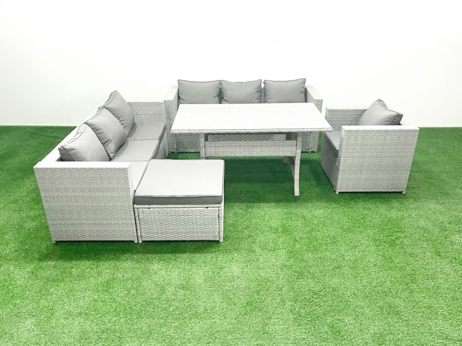 Click to view product details and reviews for Fimous 5 Pieces Outdoor Rattan Sofa Set With Cushions Patio Garden Furniture Sets With Armchair Dining Table Big Footstool.