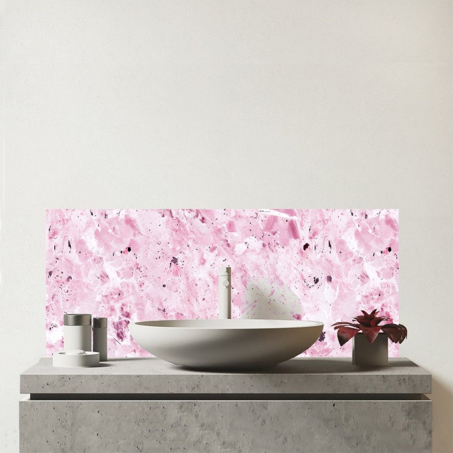 Click to view product details and reviews for Plush Pink Quartz Effect Glass Bathroom Splashback.
