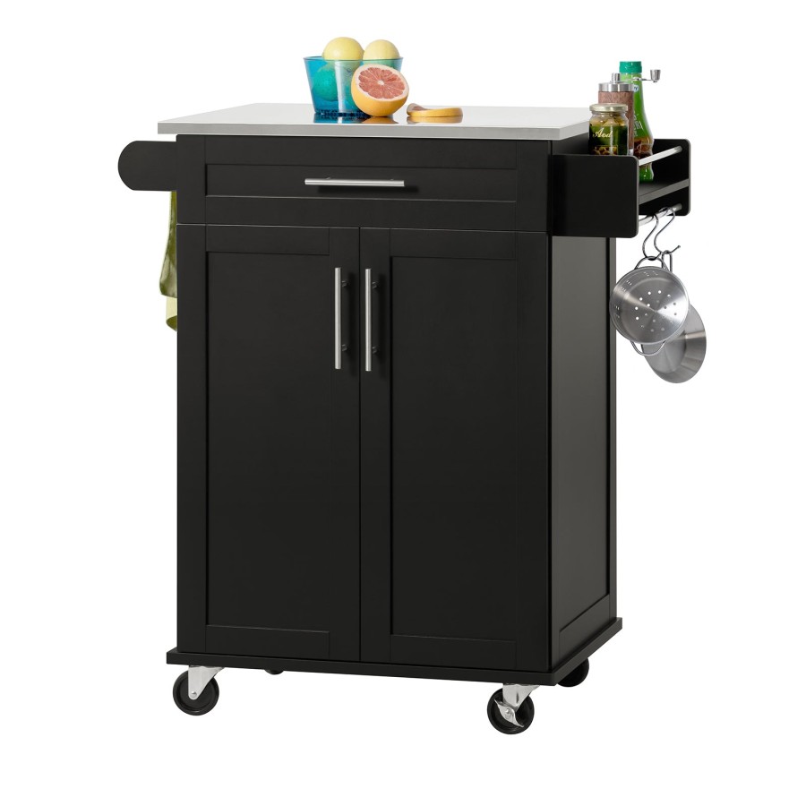Sobuy Fkw110 Sch Kitchen Cabinet Kitchen Storage Trolley Cart With Stainless Steel Worktop Black