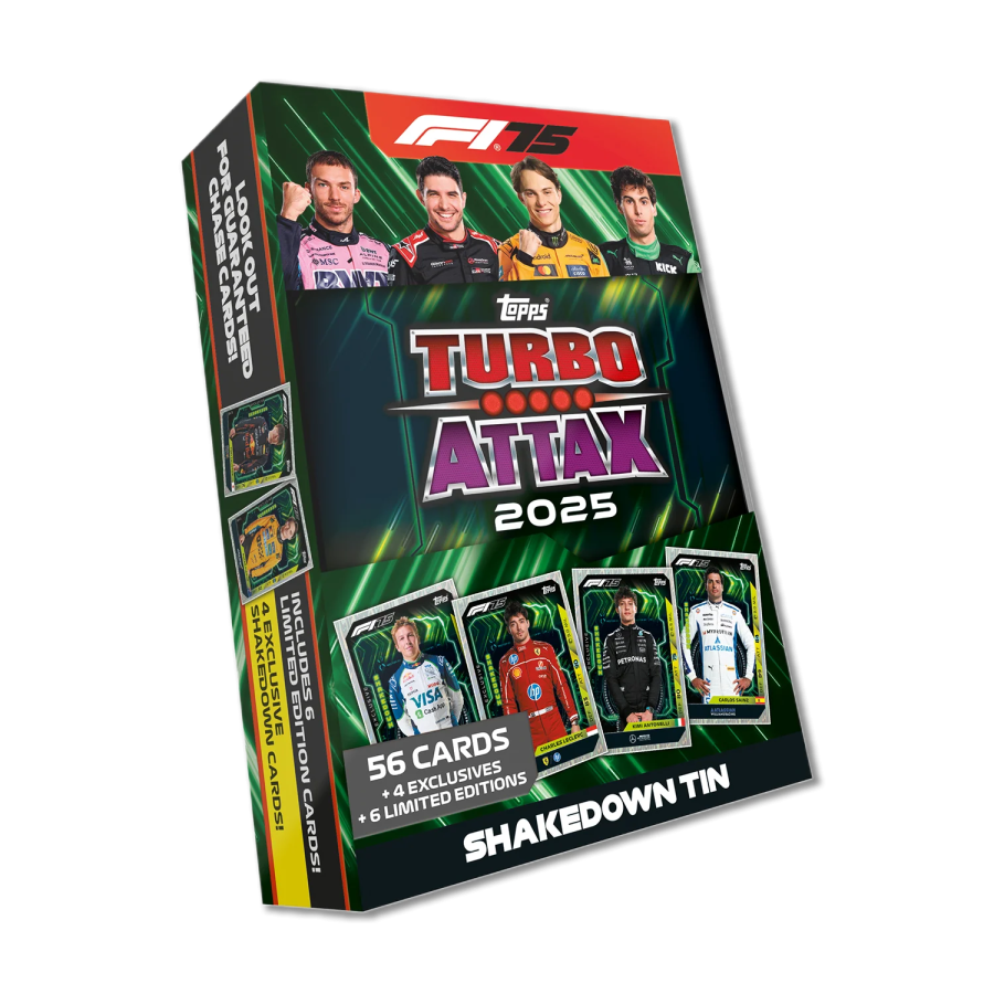 Click to view product details and reviews for Topps Turbo Attax Formula 1® 2025 Mega Tin Shakedown Contains 66 Cards Including 6 Les And 4 Exclusive Shakedown Cards.