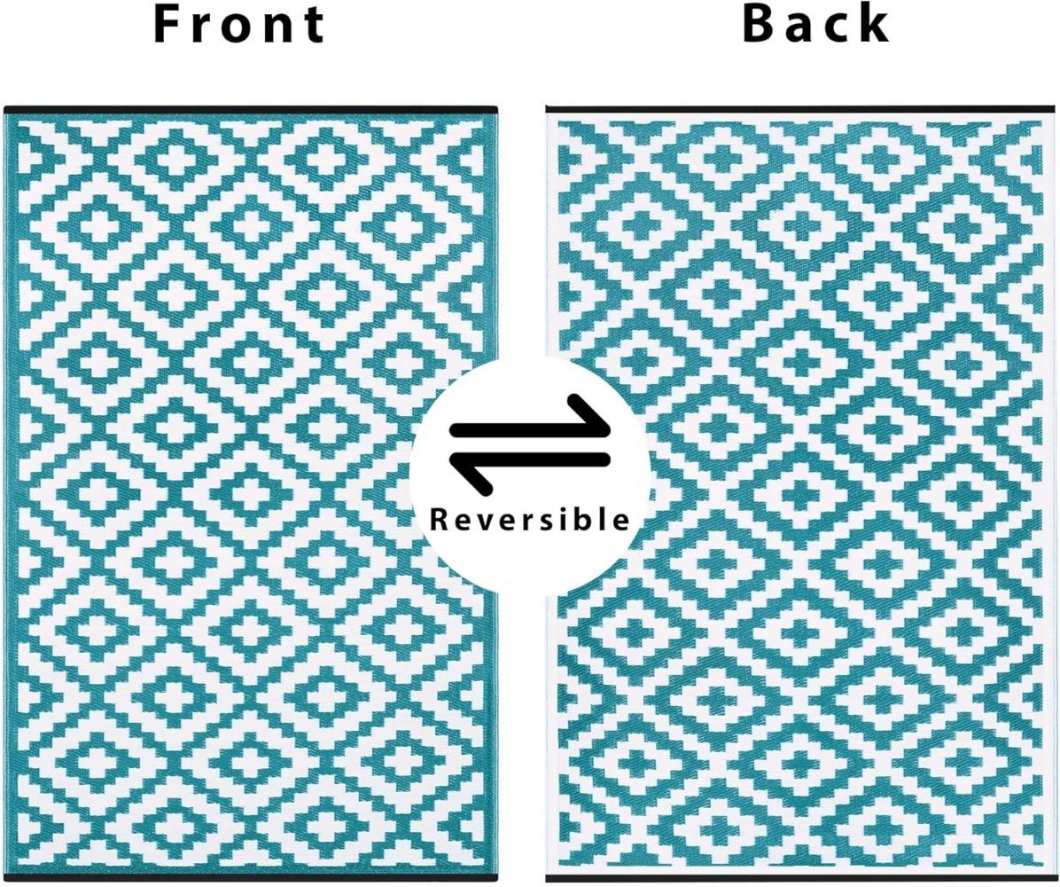 Green Decore Nirvana Teal Blue & White Outdoor Rug 120x180cm | Recycled Plastic Waterproof Garden, Picnic & Indoor Rug | UV Resistant Lightweight Patio Mat