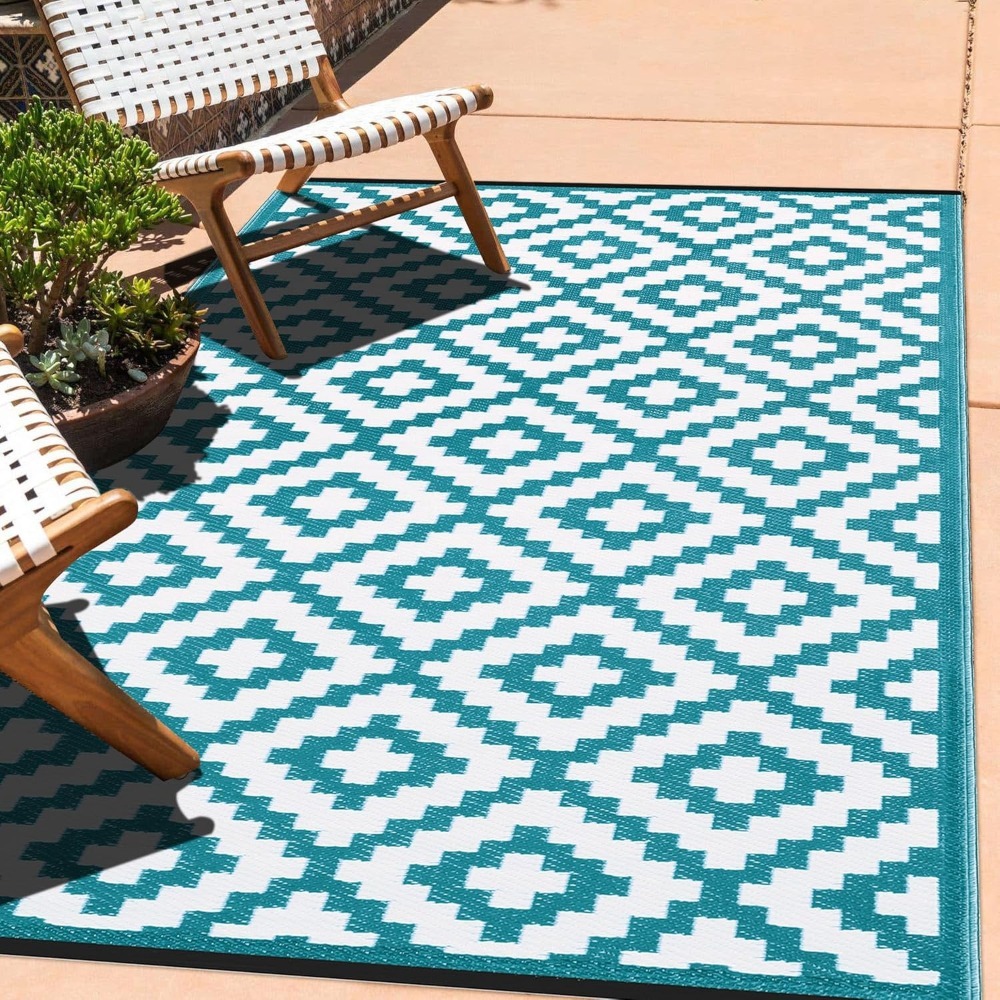 Green Decore Nirvana Teal Blue & White Outdoor Rug 120x180cm | Recycled Plastic Waterproof Garden, Picnic & Indoor Rug | UV Resistant Lightweight Patio Mat