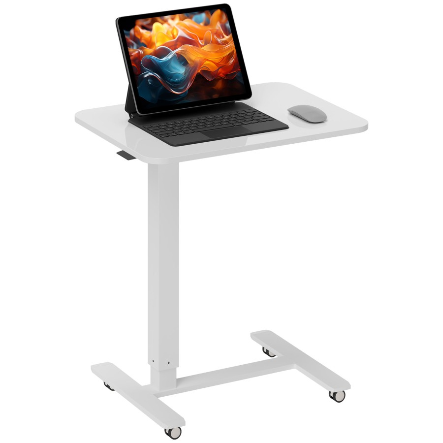 Click to view product details and reviews for Homcom Height Adjustable Standing Desk Pneumatic Sit Stand Desk For Laptop Mobile Overbed Table With Wheels For Home Office White.