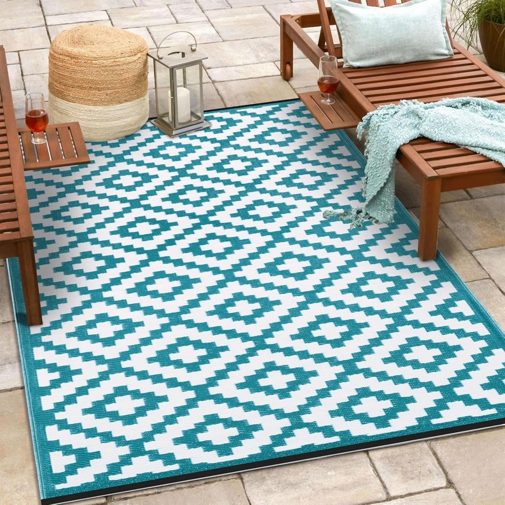 Green Decore Nirvana Teal Blue & White Outdoor Rug 120x180cm | Recycled Plastic Waterproof Garden, Picnic & Indoor Rug | UV Resistant Lightweight Patio Mat
