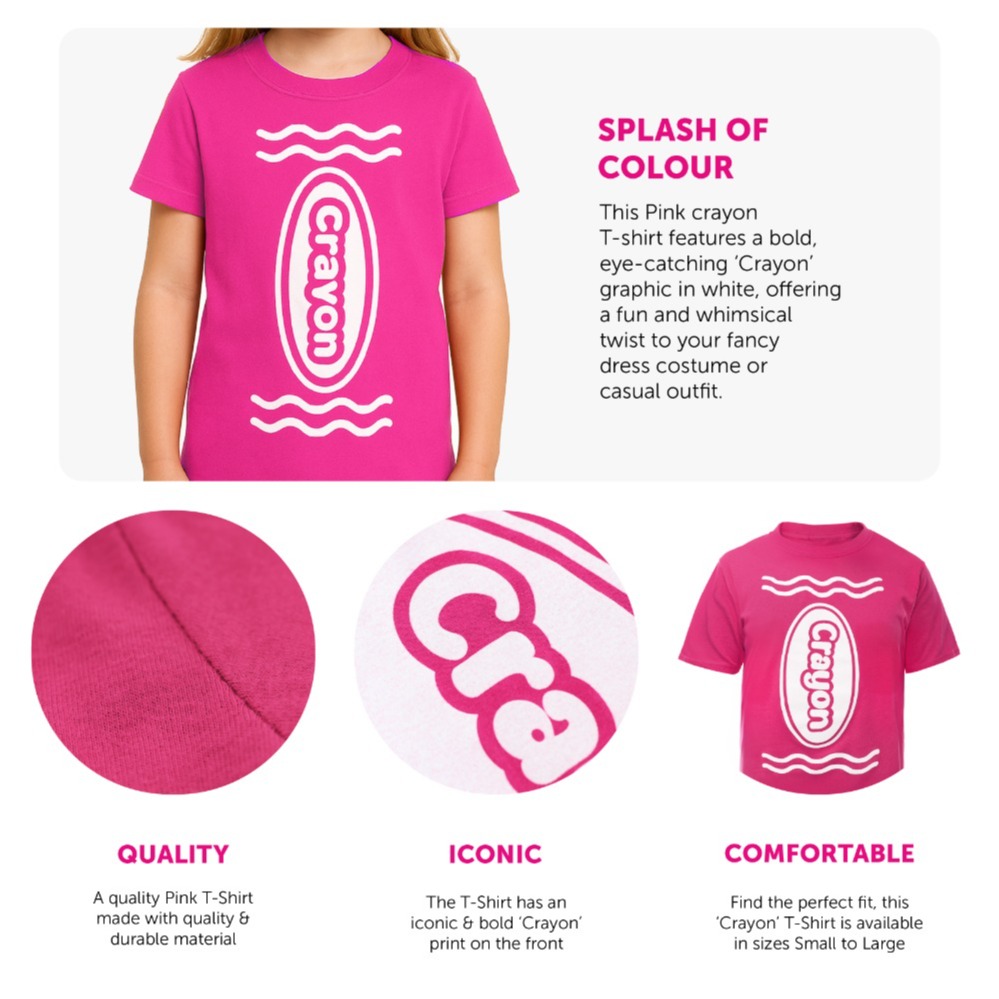 Girl's Pink Crayon T-Shirt – Fun Kids Costume Top for Parties, Dress-Up & School Events