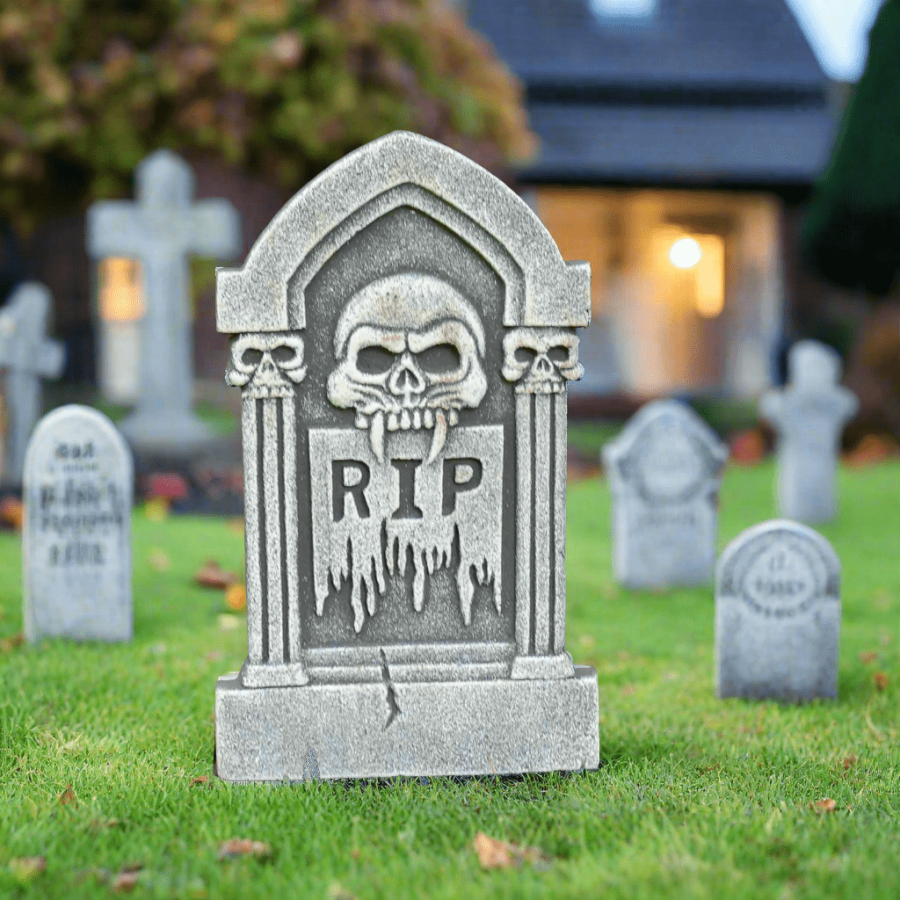 Click to view product details and reviews for Skull Tombstone Rip Halloween Decoration Graveyard Prop 38cm.