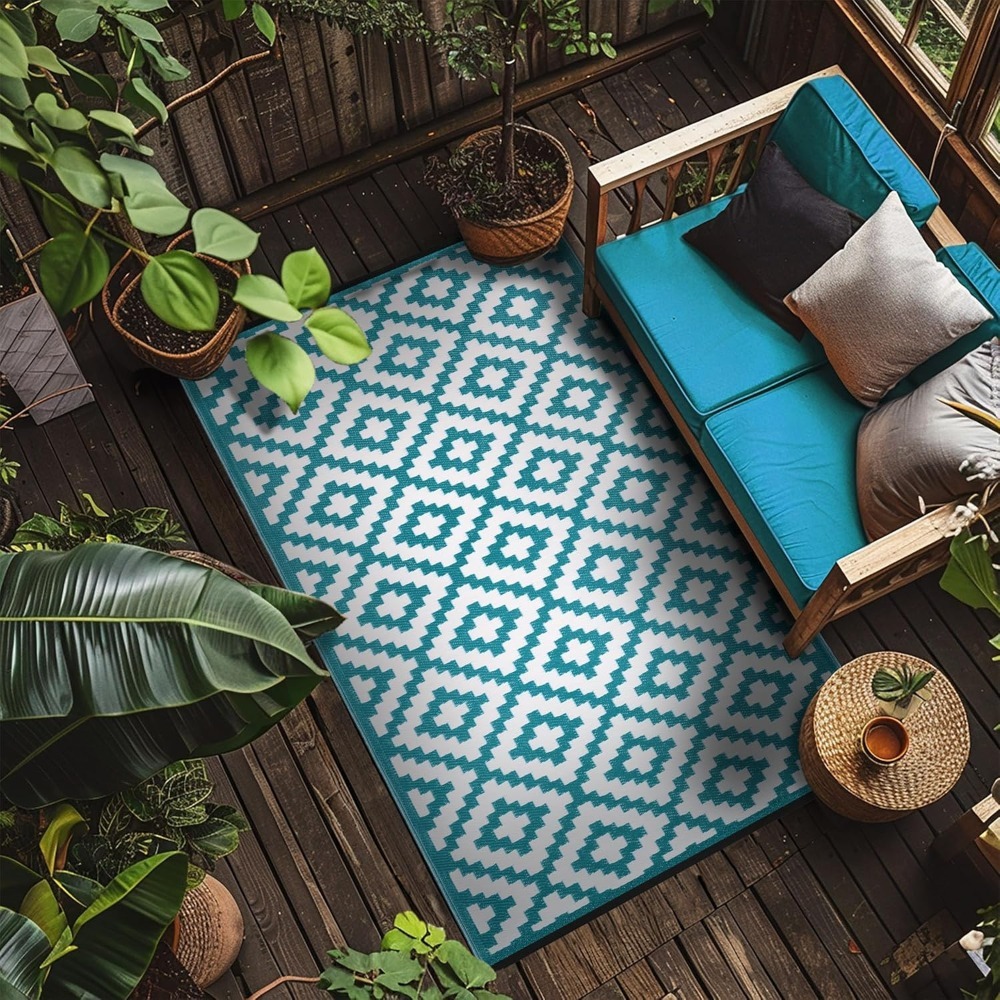 Green Decore Nirvana Teal Blue & White Outdoor Rug 120x180cm | Recycled Plastic Waterproof Garden, Picnic & Indoor Rug | UV Resistant Lightweight Patio Mat