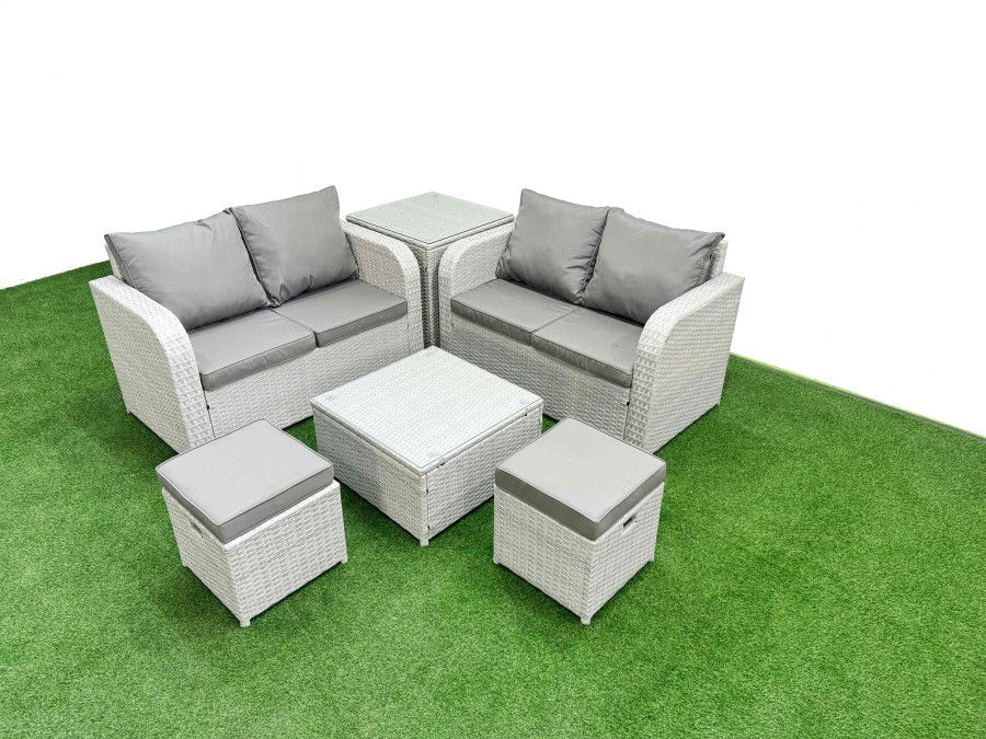 Click to view product details and reviews for Fimous 6 Seater Outdoor Love Sofa Set Rattan Garden Furniture Set With Square Coffee Table 2 Small Stools Side Table Light Grey.