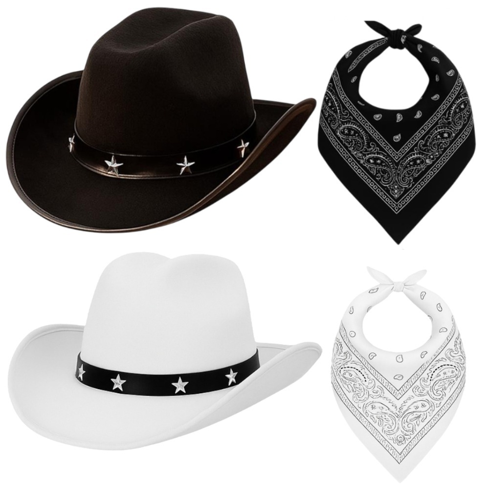 Click to view product details and reviews for Adults Black White Star Studded Cowboy Hats With Black White Paisley Bandanas Western Fancy Dress Accessory Set.