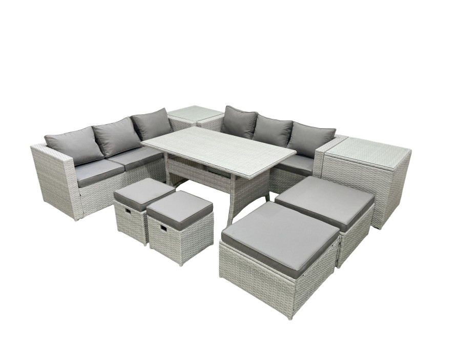 Click to view product details and reviews for Fimous Rattan Garden Furniture Set Outdoor 10 Seater Patio Dining Sets With Glass Top Dining Table 2 Side Tables Light Grey Mixed.