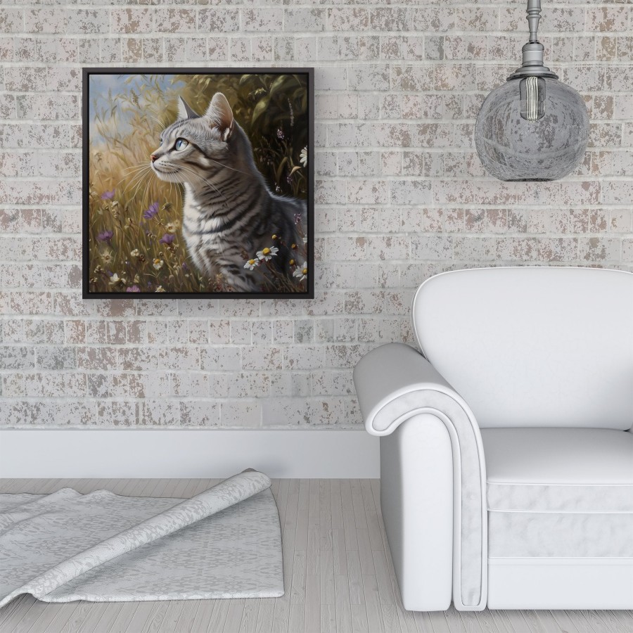 Click to view product details and reviews for Silver Tabby Cat In A Spring Meadow Framed Canvas 16 X 16 Black.