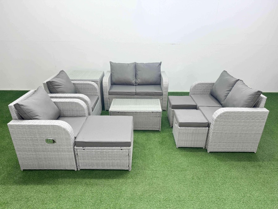 Click to view product details and reviews for Fimous 9 Seater Outdoor Reclining Chair Love Sofa Set Rattan Garden Furniture Set With Rectangular Coffee Table 3 Stools Side Table Light Grey.