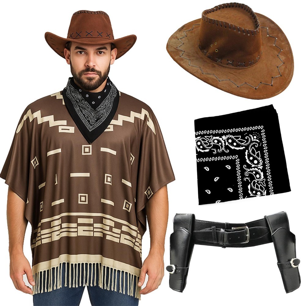 Click to view product details and reviews for Adults Wild Western Costume 4 Pcs Brown Poncho Black Bandana Holster Brown Suede Cowboy Hat Standard.