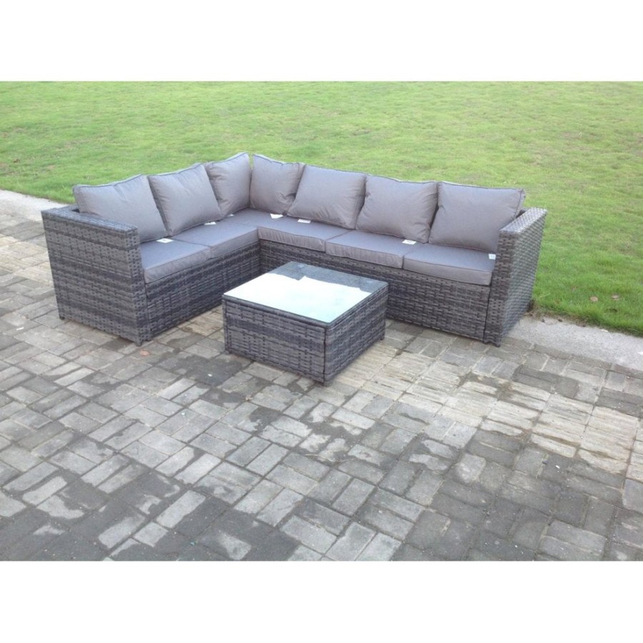 Click to view product details and reviews for Fimous Rattan Corner Sofa Set Square Coffee Table Outdoor Garden Furniture In Dark Grey Mix 6 Seater With Seat And Back Cushion Right Corner.